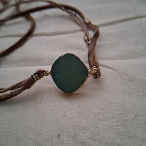 Nakomol Leather Beaded Wrap Bracelet/Necklace teal gemstone BOHO Festival 35 in.